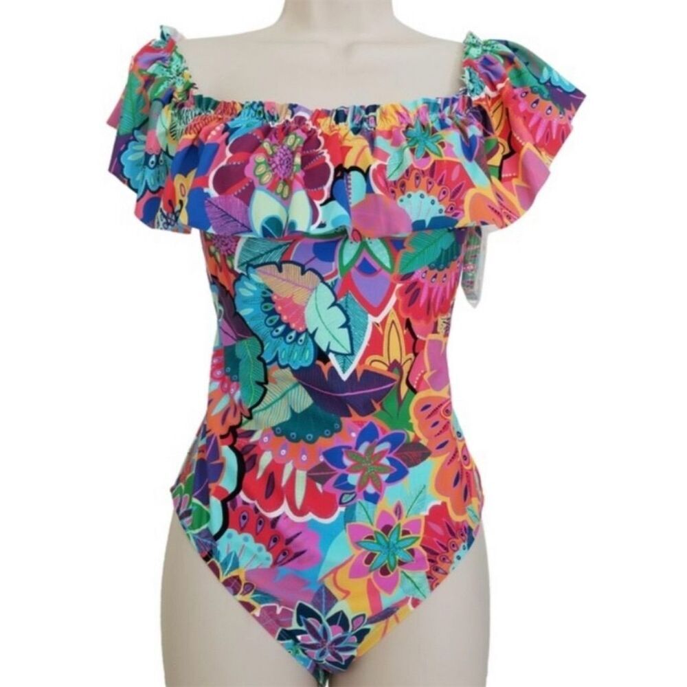 NWT Bleu‎ Rod Beattie Women's Floral Off-The-Shoulder One Piece Swimsuit Size 10